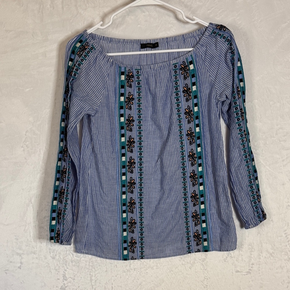 THML Blue Striped Women's Cotton Top with Embroidered Details XS